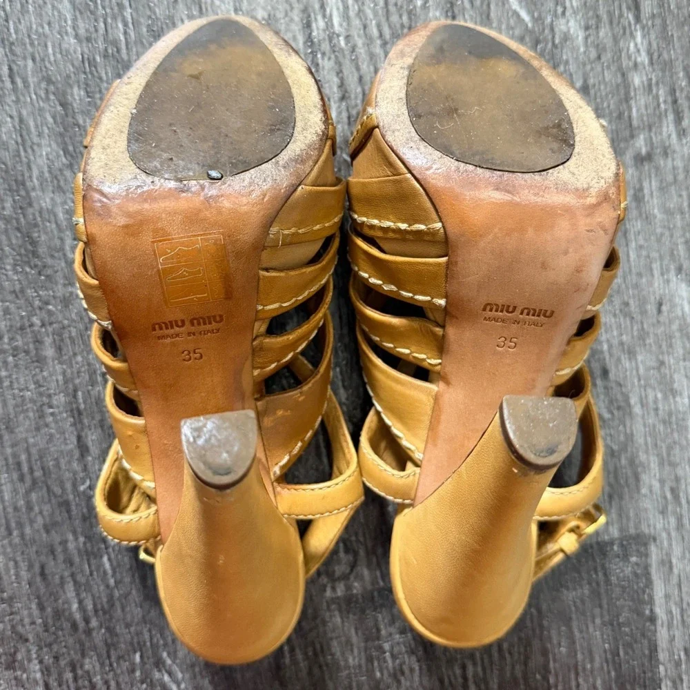 Miu Miu Tan Leather Strappy Platform Stiletto Heels‎ Sandals Size 35 EU / 5 US